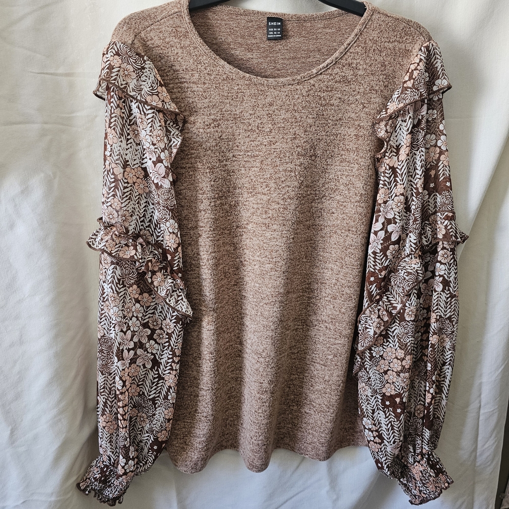 SHEIN Brown Floral Ruffle Sleeve Blouse